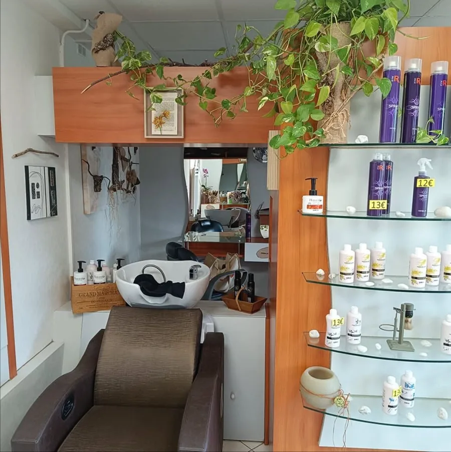 Le bac à shampoing et son fauteuil, à côté de l'étagère des produits